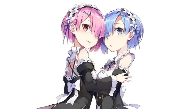 Two Anime Girls Hugging — Pink, Cute, Maid Outfits, Flowers