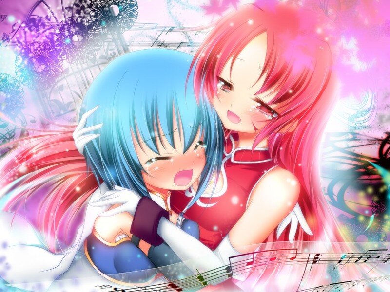 Two Anime Girls Hugging — Pink, Dreamy, Music Notes