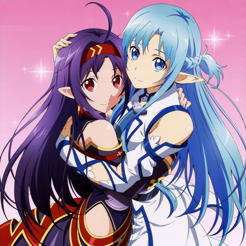 Two Anime Girls Hugging — Pink, Happy, Elf Ears