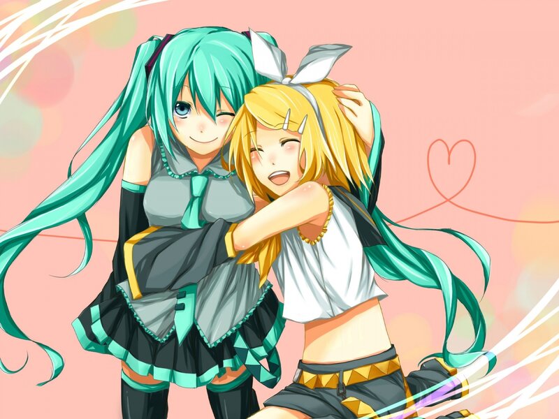Two Anime Girls Hugging — Pink, Happy