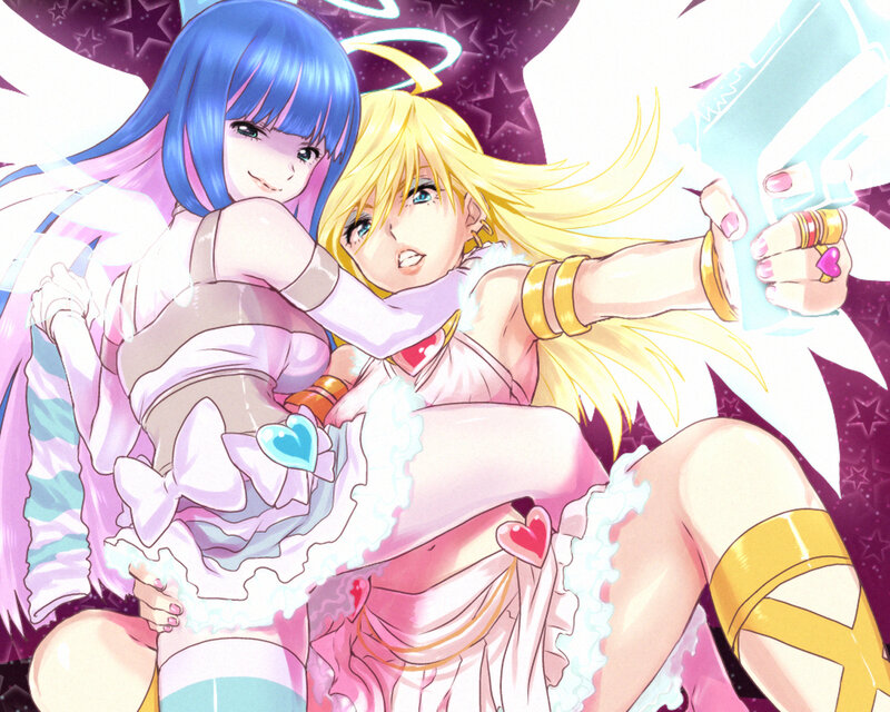 Two Anime Girls Hugging — Pink, Playful, Angel Wings