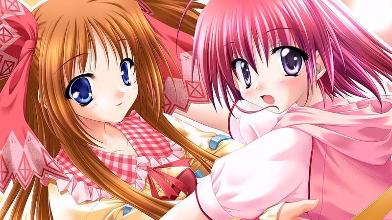 Two Anime Girls Hugging — Pink, Playful, Blush