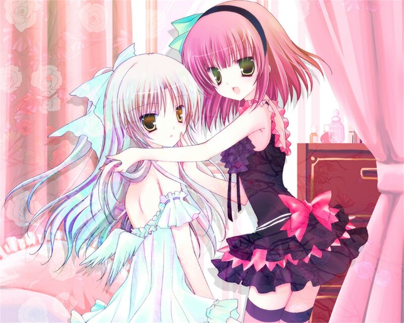 Two Anime Girls Hugging — Pink, Playful, Curtains