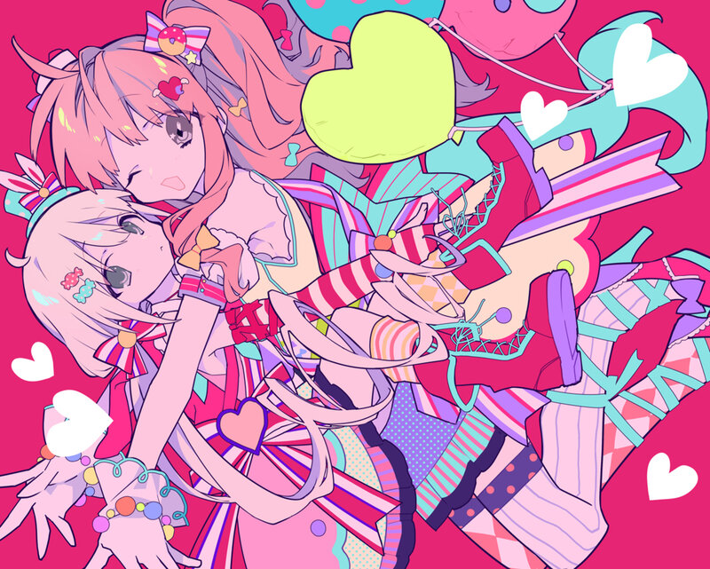 Two Anime Girls Hugging — Pink, Playful, Hearts