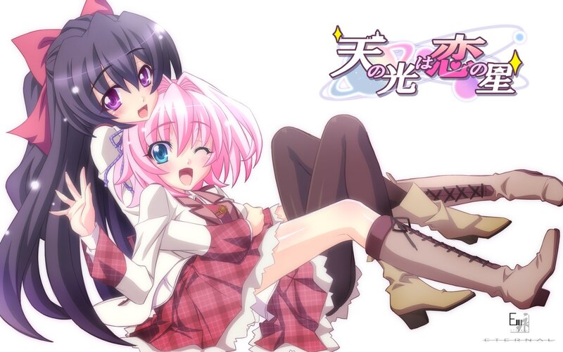 Two Anime Girls Hugging — Pink, Playful, School Uniforms, Bows, Boots