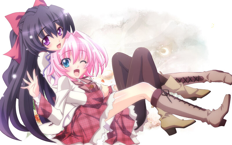 Two Anime Girls Hugging — Pink, Playful, School Uniforms, Long Hair, Boots