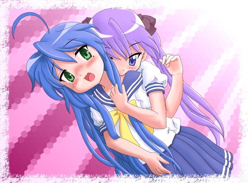Two Anime Girls Hugging — Pink, Playful, School Uniforms