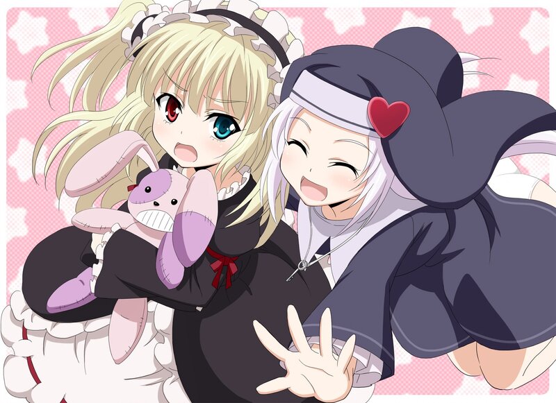 Two Anime Girls Hugging — Pink, Playful, Stuffed Rabbit, Maid Outfit