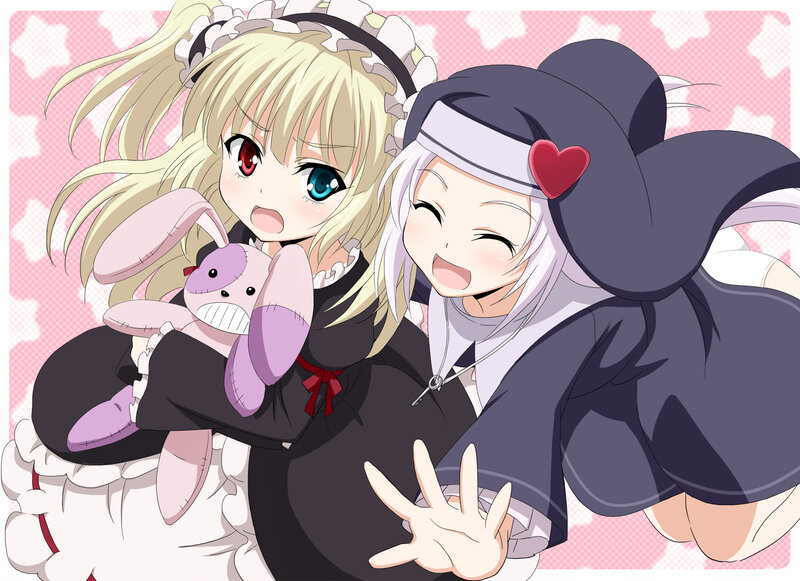 Two Anime Girls Hugging — Pink, Playful, Stuffed Rabbit