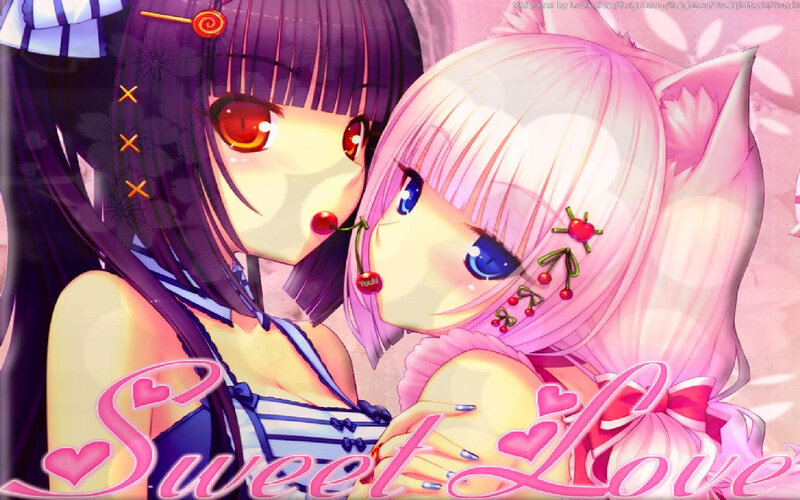 Two Anime Girls Hugging — Pink, Sweet, Cherry, Cat Ears