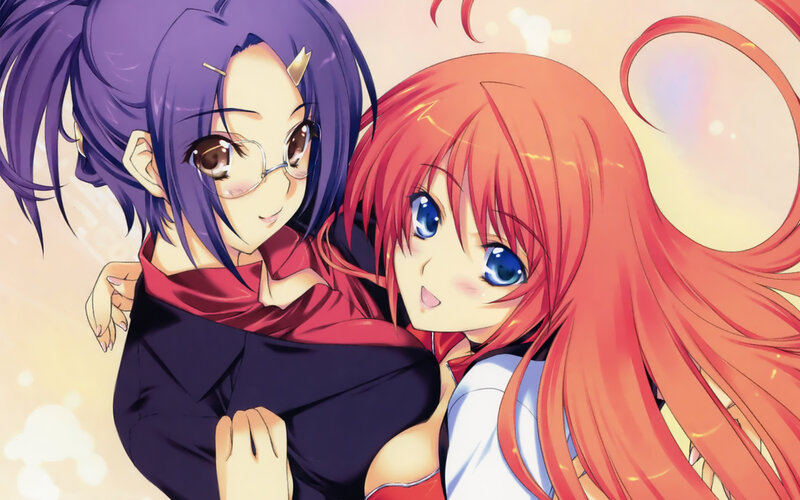 Two Anime Girls Hugging — Purple, Affectionate, Glasses