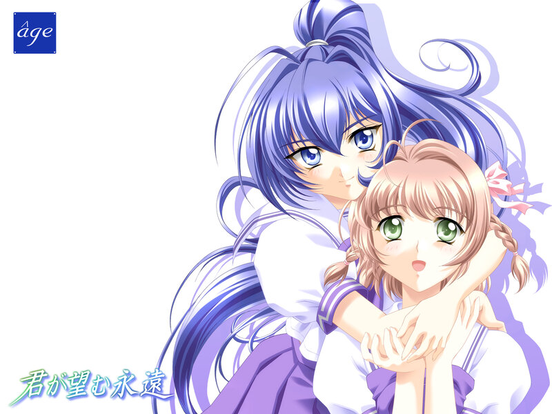 Two Anime Girls Hugging — Purple, Affectionate, School Uniforms