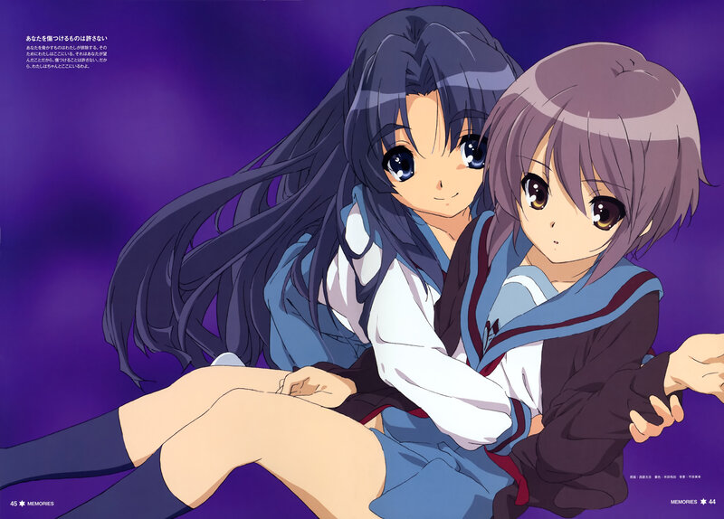 Two Anime Girls Hugging — Purple, Calm, School Uniforms, Long Hair, Purple Background