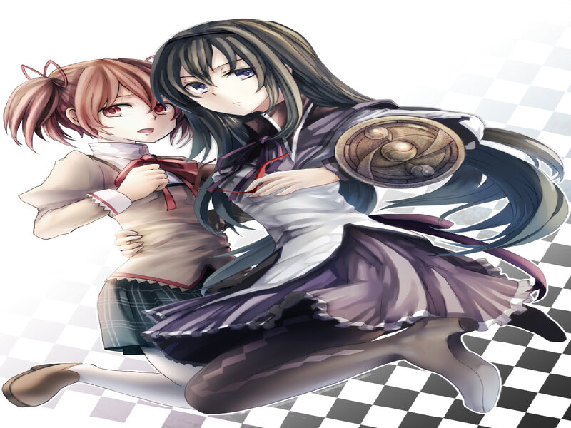 Two Anime Girls Hugging — Purple, Calm, School Uniforms