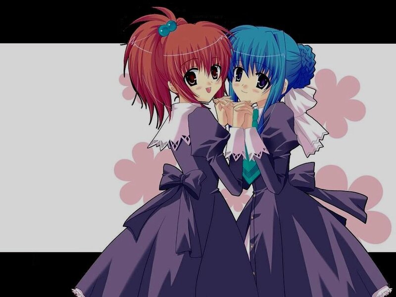 Two Anime Girls Hugging — Purple, Cheerful, Dresses