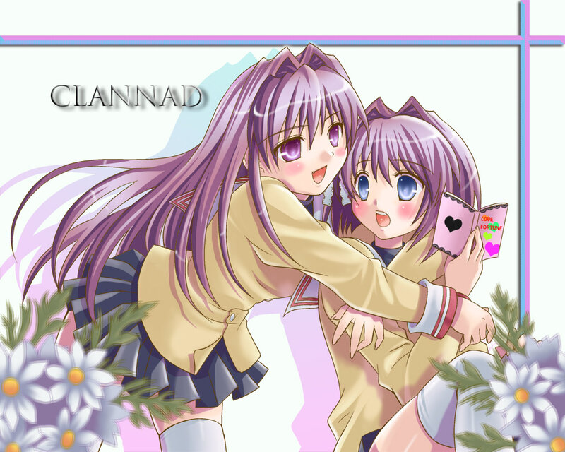 Two Anime Girls Hugging — Purple, Cheerful, School Uniforms, Flowers