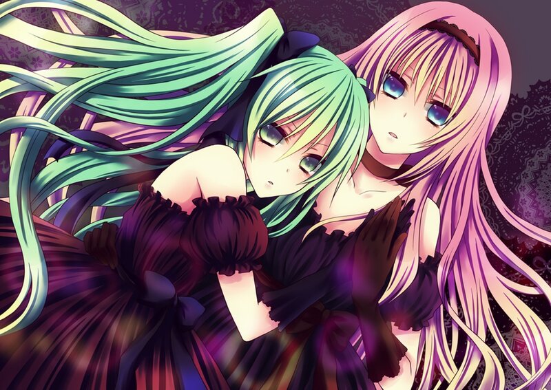 Two Anime Girls Hugging — Purple, Dramatic, Long Hair