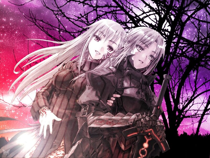 Two Anime Girls Hugging — Purple, Dramatic, Night, Bare Trees