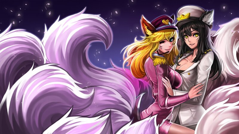 Two Anime Girls Hugging — Purple, Dramatic, Night, Digital Art, Fox Ears