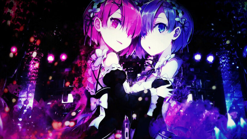 Two Anime Girls Hugging — Purple, Dramatic, Night, Lights