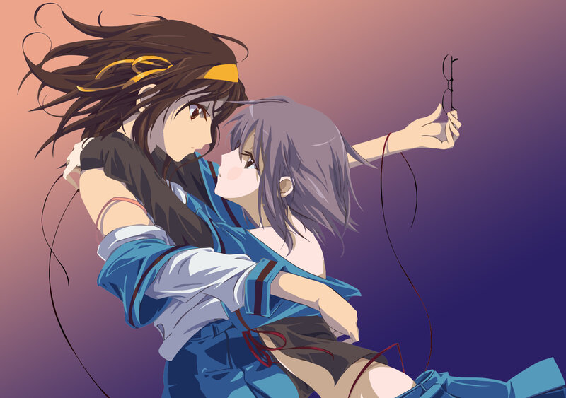 Two Anime Girls Hugging — Purple, Dramatic, Sunset