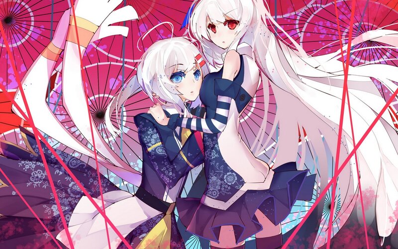 Two Anime Girls Hugging — Purple, Dramatic, Umbrellas