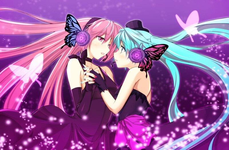 Two Anime Girls Hugging — Purple, Dreamy