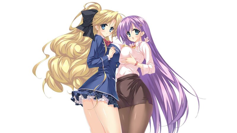 Two Anime Girls Hugging — Purple, Friendly, School Uniforms