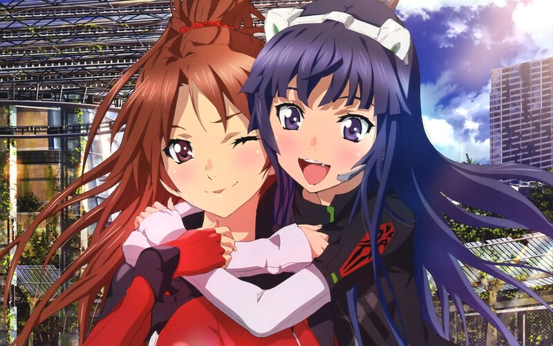 Two Anime Girls Hugging — Purple, Happy, Afternoon, Cityscape, Buildings