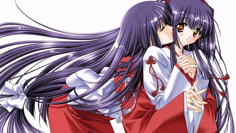 Two Anime Girls Hugging — Purple, Intimate, Kimonos