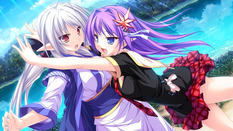 Two Anime Girls Hugging — Purple, Playful, Afternoon, River, Trees