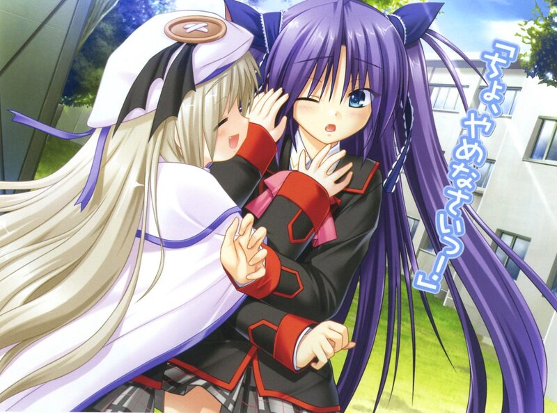 Two Anime Girls Hugging — Purple, Playful, Afternoon, School Uniform
