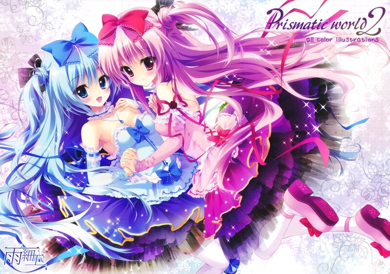 Two Anime Girls Hugging — Purple, Playful, Bows