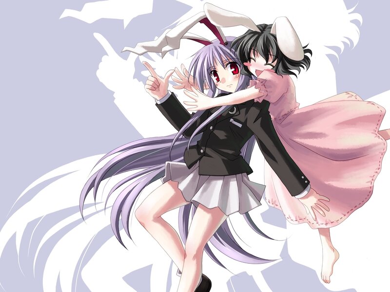 Two Anime Girls Hugging — Purple, Playful, Bunny Ears, School Uniform