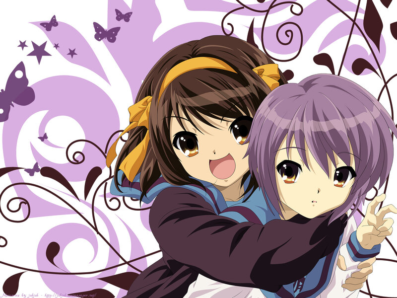 Two Anime Girls Hugging — Purple, Playful, Butterflies