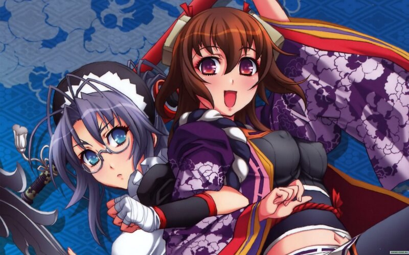Two Anime Girls Hugging — Purple, Playful, Glasses, Kimono