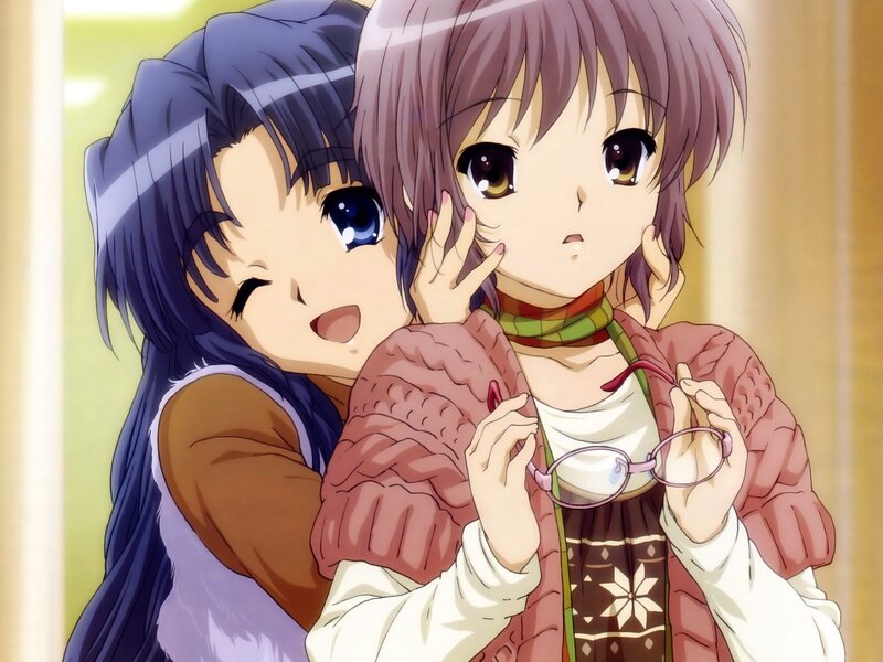 Two Anime Girls Hugging — Purple, Playful, Glasses, Scarf