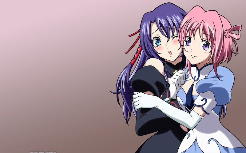 Two Anime Girls Hugging — Purple, Playful, Long Hair
