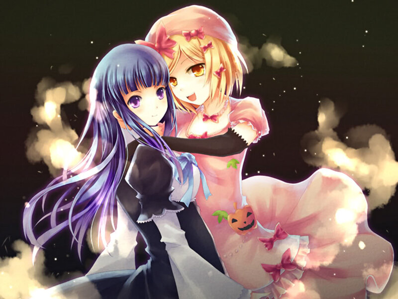 Two Anime Girls Hugging — Purple, Playful, Night