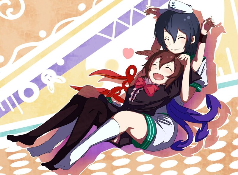 Two Anime Girls Hugging — Purple, Playful, Sailor Hats