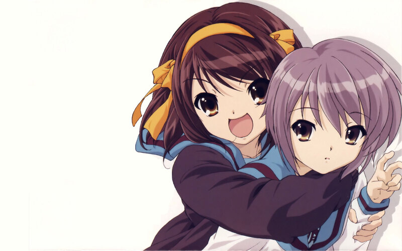 Two Anime Girls Hugging — Purple, Playful, School Uniform, Headband