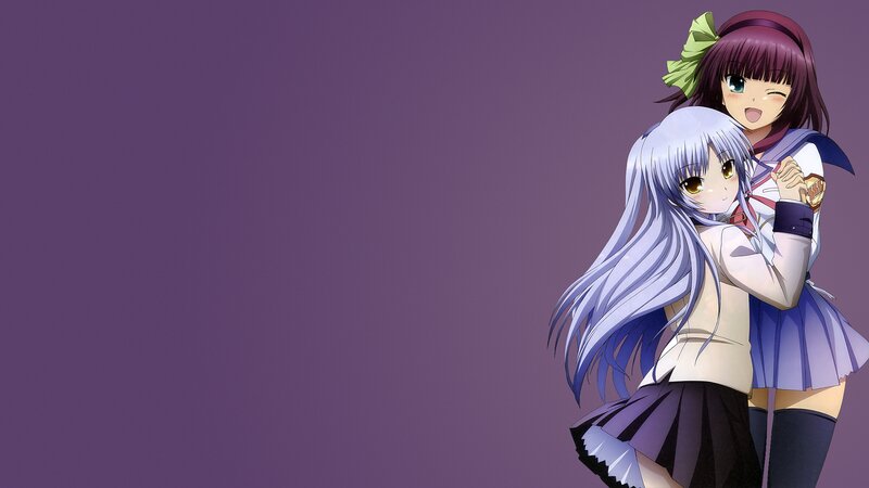 Two Anime Girls Hugging — Purple, Playful, School Uniforms, Long Hair