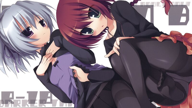 Two Anime Girls Hugging — Purple, Playful, School Uniforms, Tights