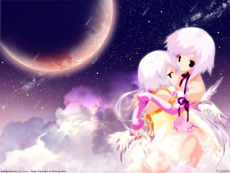 Two Anime Girls Hugging — Purple, Serene, Night
