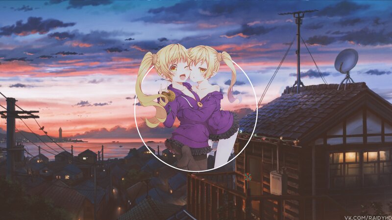 Two Anime Girls Hugging — Purple, Serene, Sunset, Houses