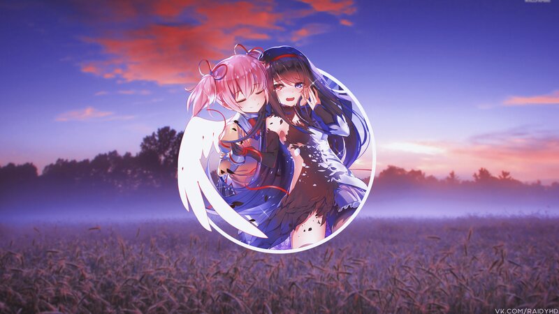 Two Anime Girls Hugging — Purple, Serene, Sunset