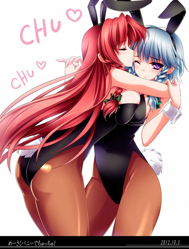 Two Anime Girls Hugging — Red, Affectionate, Bunny Ears