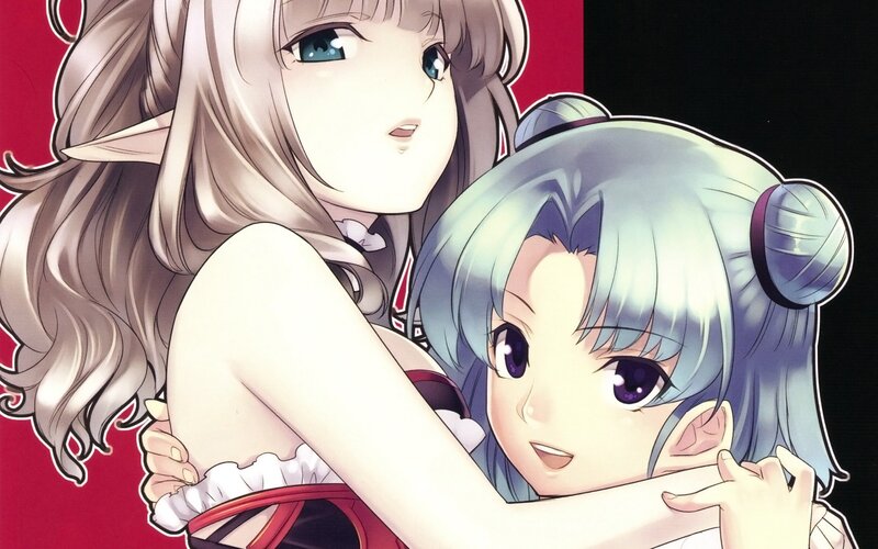 Two Anime Girls Hugging — Red, Affectionate, Elf Ears