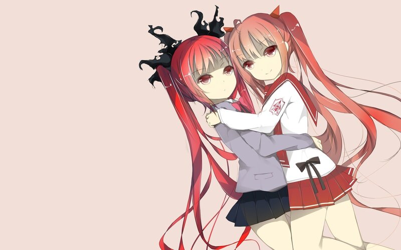 Two Anime Girls Hugging — Red, Calm