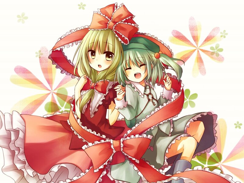 Two Anime Girls Hugging — Red, Cheerful, Flowers